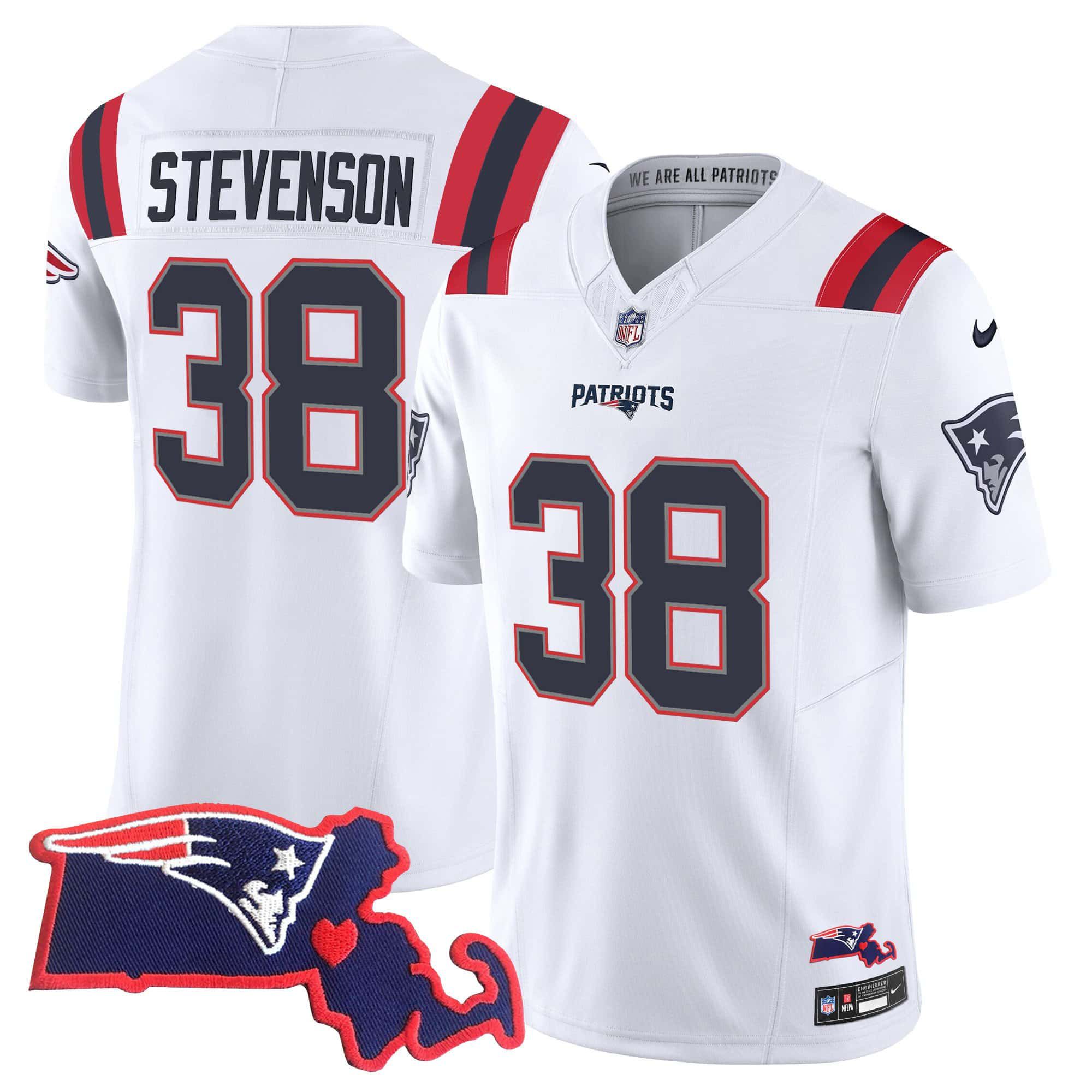 Men New England Patriots #38 Stevenson White 2024 Nike Patch Vapor Limited NFL Jersey